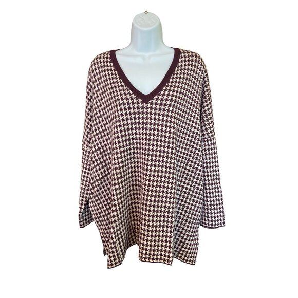 Ann Taylor V-Neck Tunic Sweater XL Burgundy Cream Houndstooth Lagenlook - Picture 2 of 8